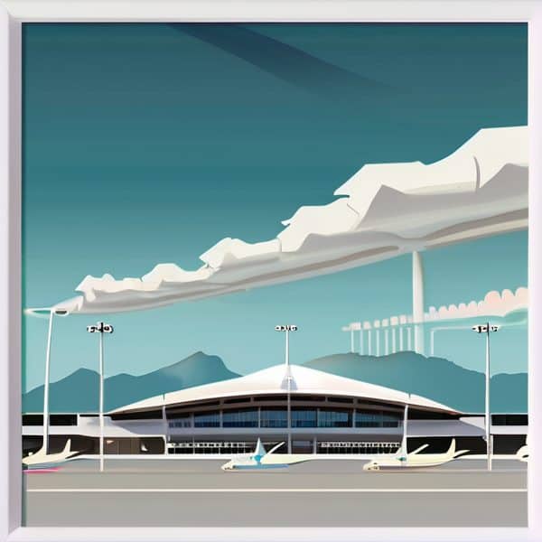 Modern airport terminal with planes and mountains in the background.