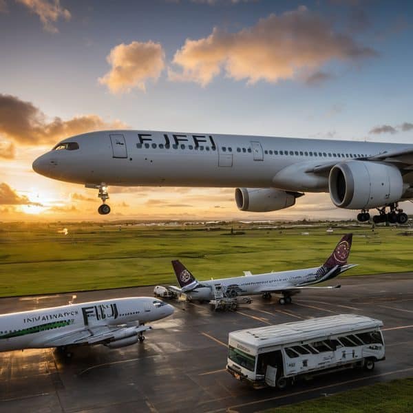 Airplanes parked at the airport during sunset, showcasing Fiji's vibrant travel industry and scenic.