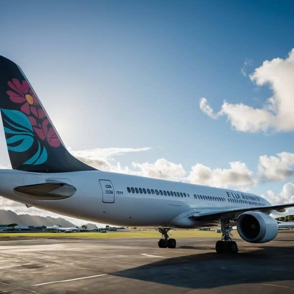 Fiji Airways Boeing 737 aircraft parked at Nadi Airport in Fiji.