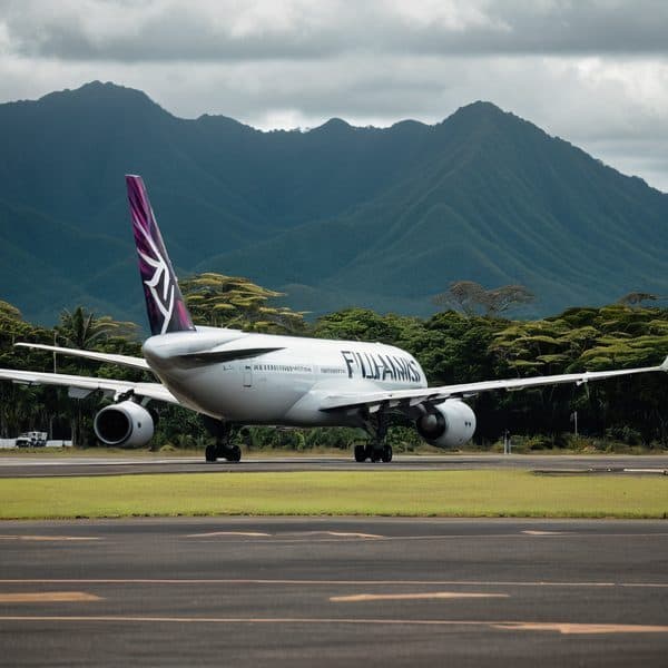 Fiji Airways Boeing 737 aircraft on runway with lush green mountains in background.
