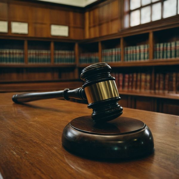 Gavel resting on a court table in a legal library, symbolizing justice and law.