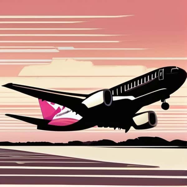 Airplane with a pink mouth graphic on the nose.