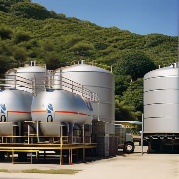 Industrial storage tanks at Fiji fuel station with lush green hills in background.