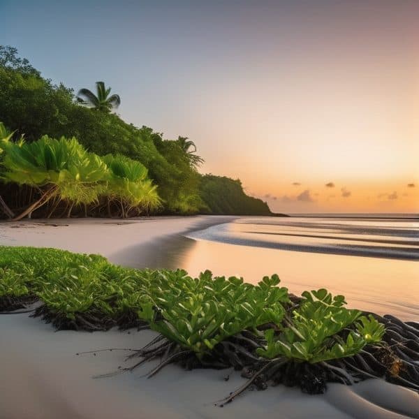 Tropical beach with lush greenery and calm waters during sunset. Perfect for relaxation and nature l.