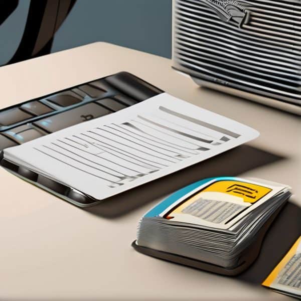 Office desk with documents and files for news reporting.