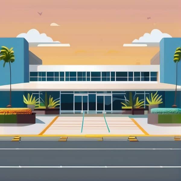 Modern commercial building in Fiji with glass facade.