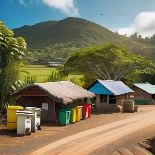 Traditional village huts with lush greenery and mountain backdrop in Fiji.