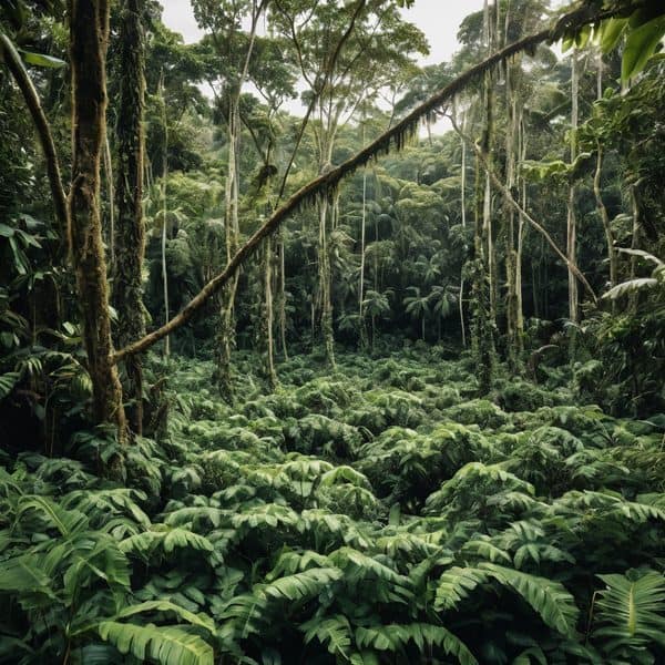 Lush tropical rainforest with dense greenery and towering trees in Fiji.