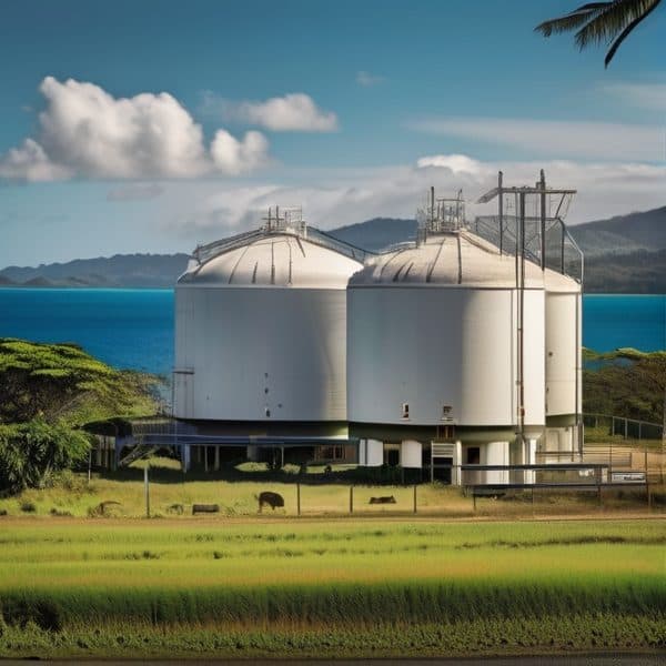 Fiji LNG storage tanks near the coast with scenic mountain background.