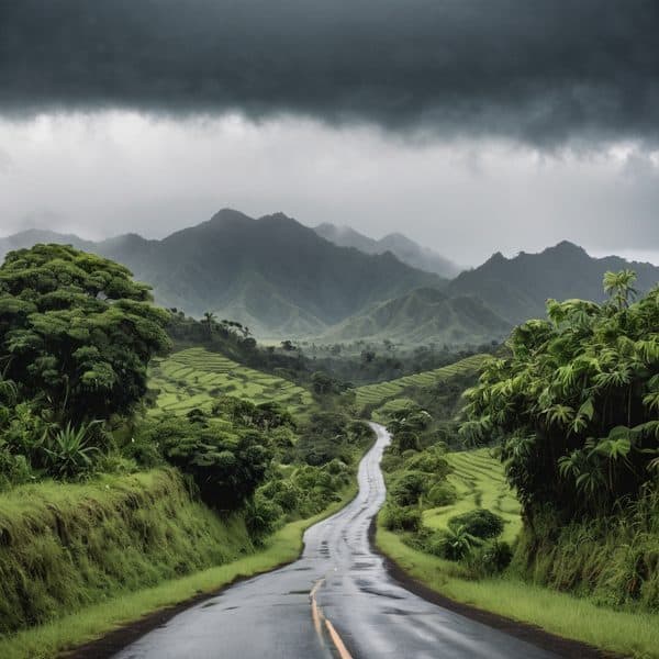 Beautiful lush green landscape with winding road and mountains under dark stormy clouds.