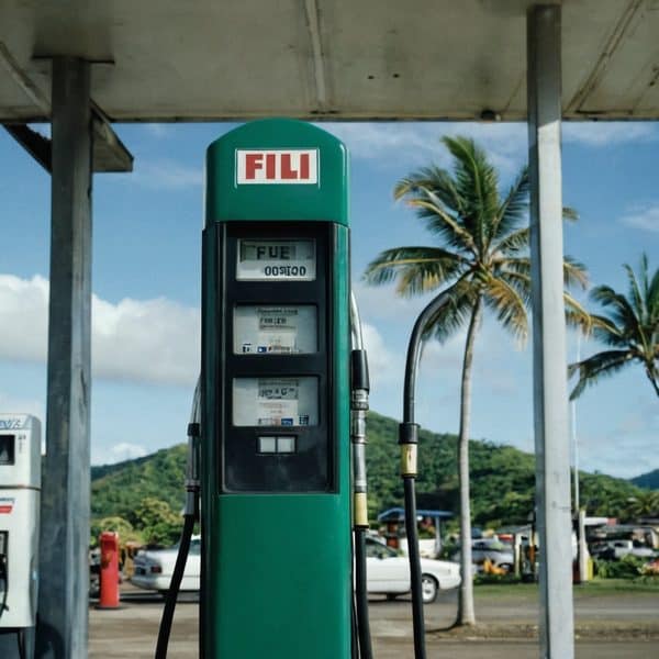 Fuel pump at a Fiji gas station with palm trees in the background.