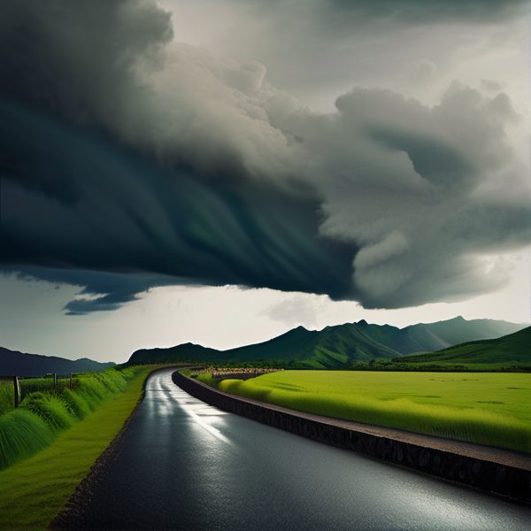 Stormy weather over a winding road in lush green landscape.
