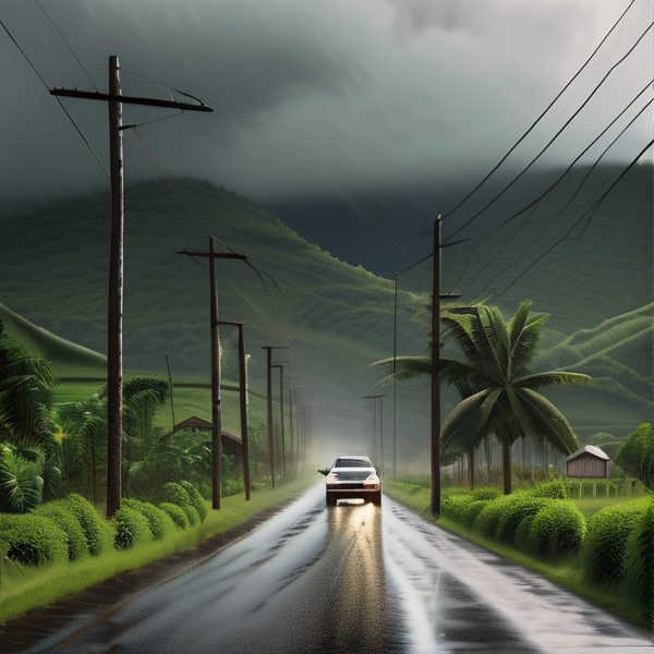 Rainy rural road with lush greenery and mountains in Fiji.