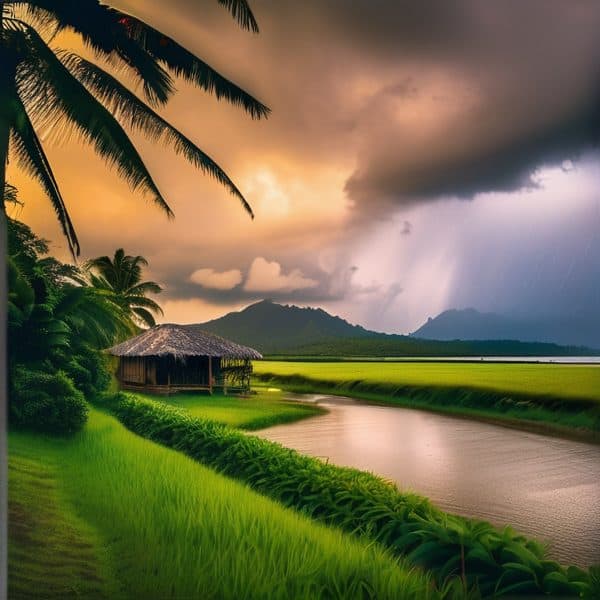 Tropical rice paddies with lush greenery and a stormy sky during sunset in Fiji.