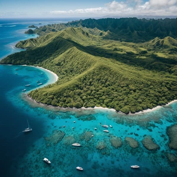 Beautiful Fiji island landscape featuring lush green mountains and pristine turquoise waters.