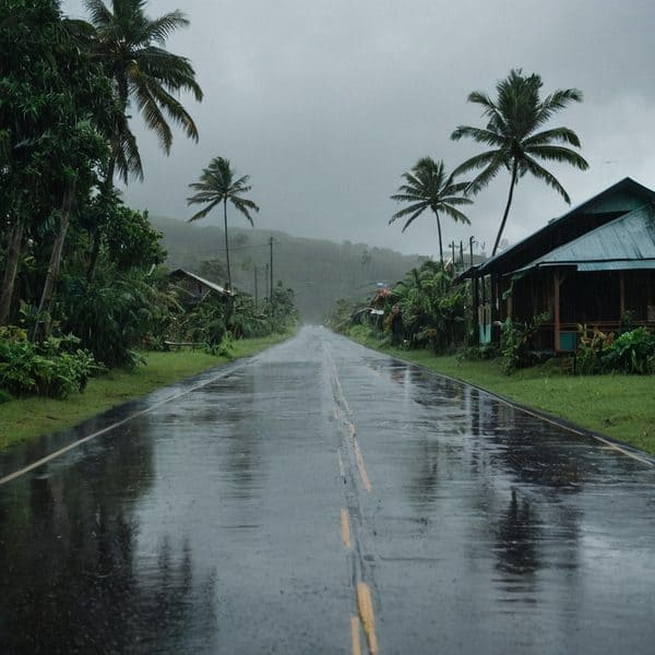 Rain-soaked rural road with lush greenery and palm trees in Fiji during a storm.