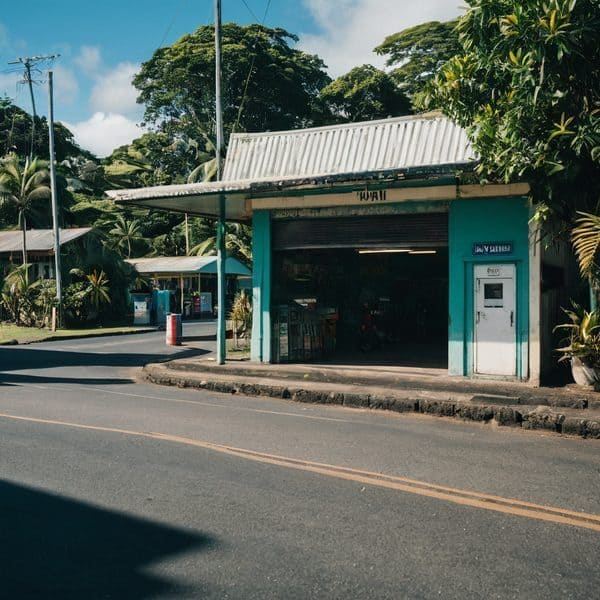Fiji local store with ATM and grocery supplies on a sunny day.