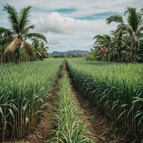 Sugar cane plantation in Fiji with lush green fields and palm trees under a partly cloudy sky.