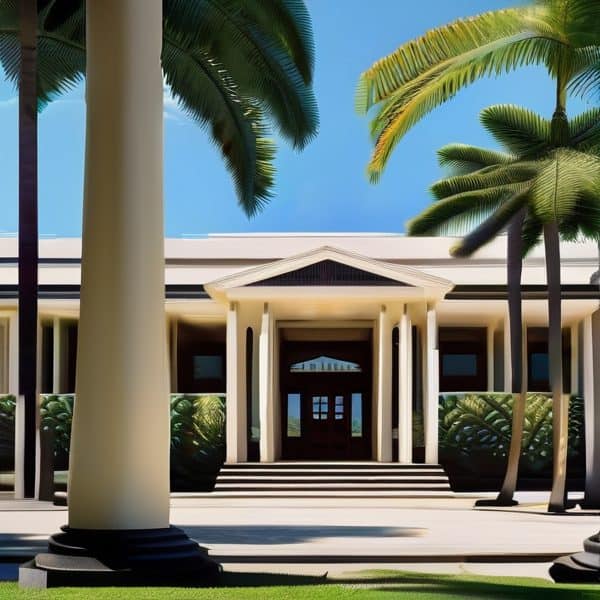 Luxury resort entrance with palm trees and modern architecture.