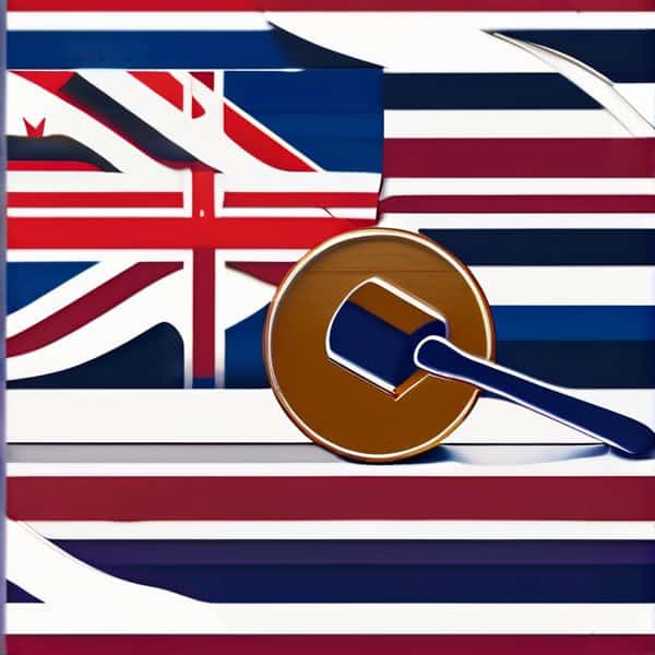 Fiji and UK flags with gavel symbolizing legal or diplomatic matters.