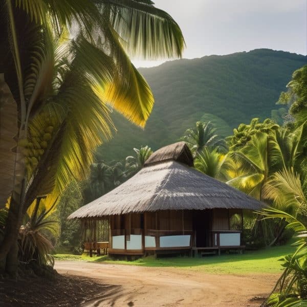 Tropical hut surrounded by vibrant green palm trees and lush foliage in Fiji.