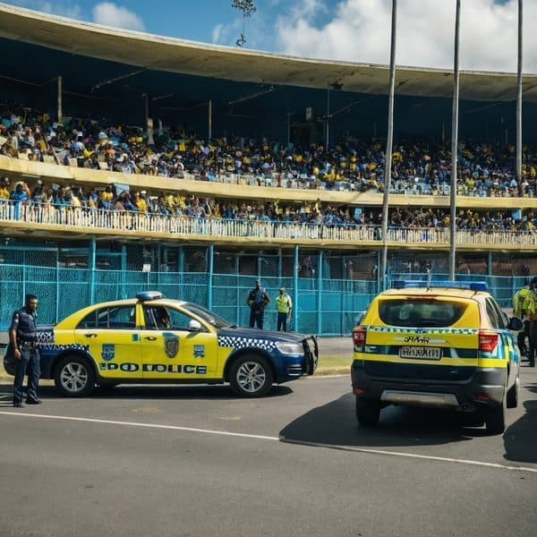 Fiji police cars and officers at stadium entrance during event.
