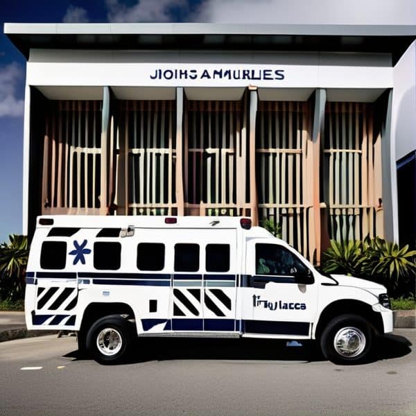 Ambulance vehicle parked outside Fiji Ambulance building.