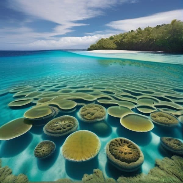 Beautiful coral reef with vibrant marine life in crystal-clear ocean waters.