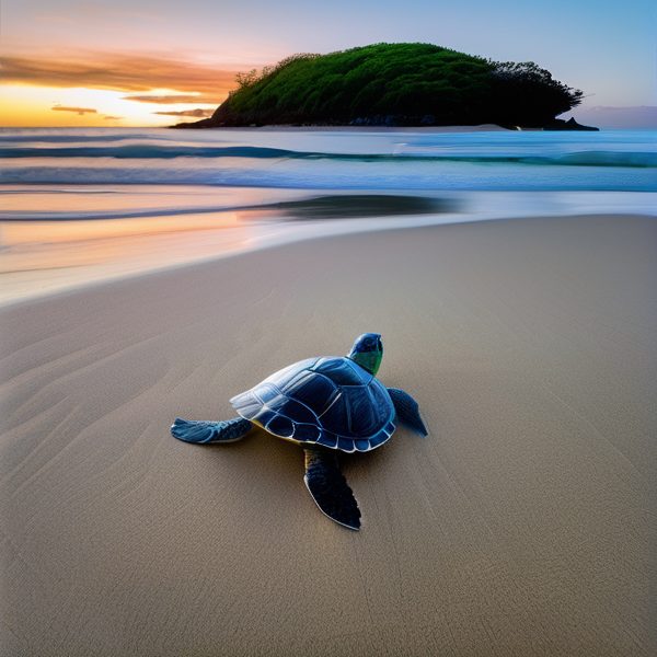 Turtle resting on sandy beach with island and sunset in the background.