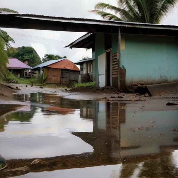 Flooded street with houses and palm trees in a tropical area.