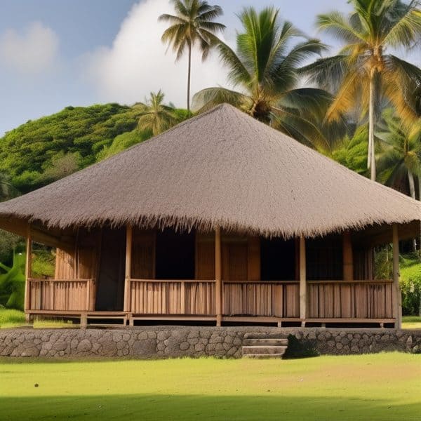 Fijian bure with thatched roof surrounded by palm trees and greenery.