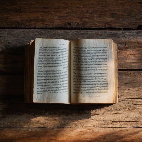 Open book with aged pages on rustic wooden table.