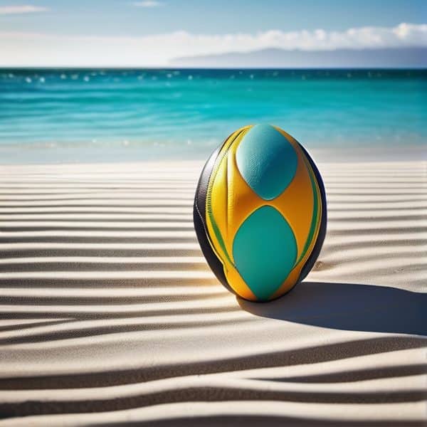 Beach rugby ball on sandy beach with ocean and blue sky in background.