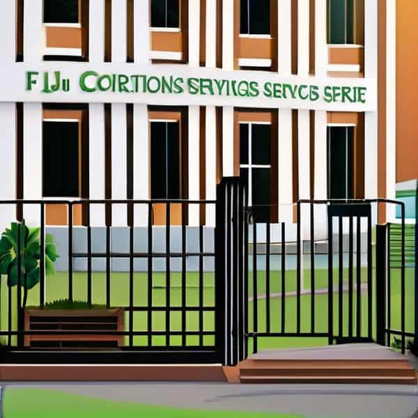 Modern Fiji courthouse with distinctive architecture and secure gate.