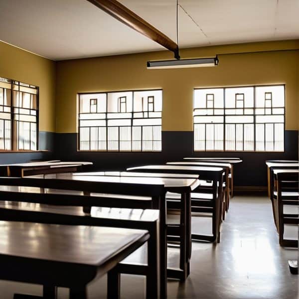 Bright classroom with wooden desks and large windows for natural light.