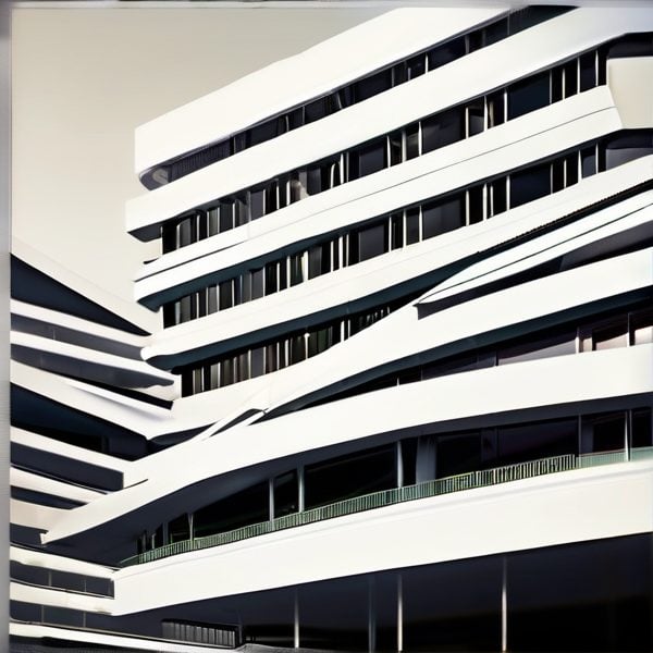 Modern architectural building with curved white balconies and black window accents.