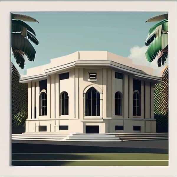 Modern white building with arched windows and steps, surrounded by tropical trees.