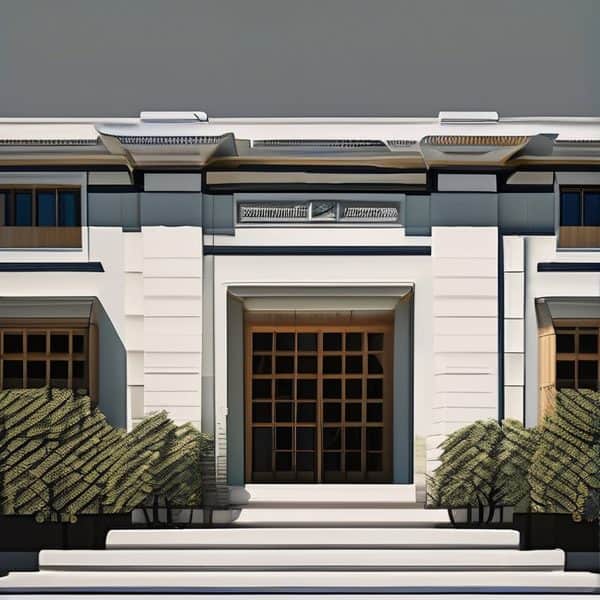 Contemporary white building with wooden details and lush plants.