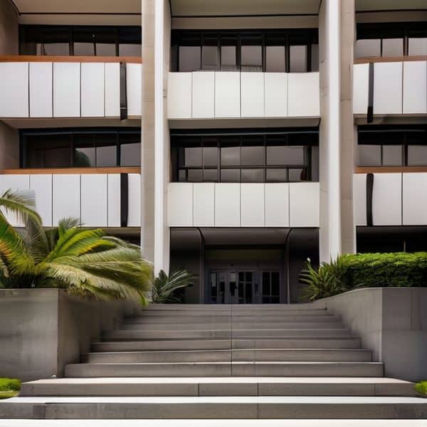 Fiji hotel exterior with modern architecture and lush greenery.