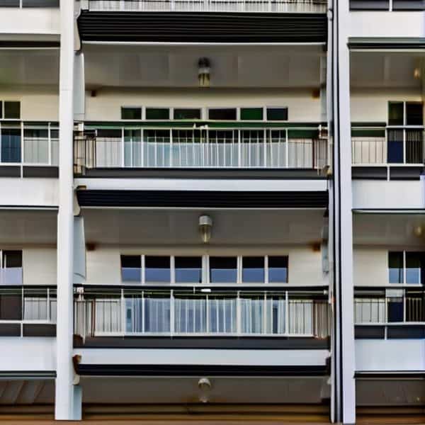 Apartment building with balconies and glass doors.