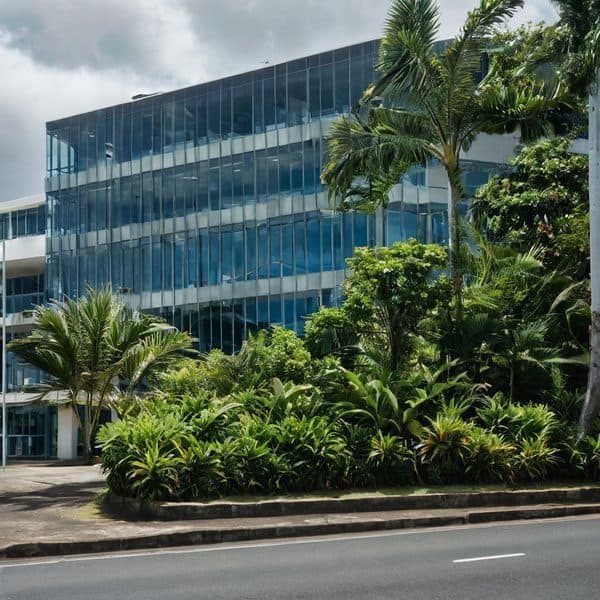 Fiji office building with glass facade and tropical landscaping.