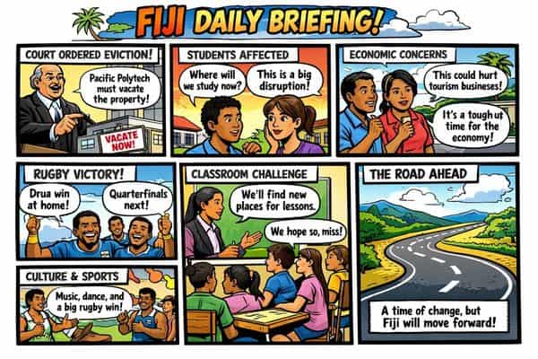 Colorful Fiji daily briefing comic highlighting local issues and events.