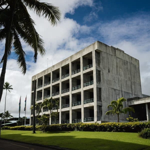 Modern concrete government building in Fiji with palm trees and blue sky.