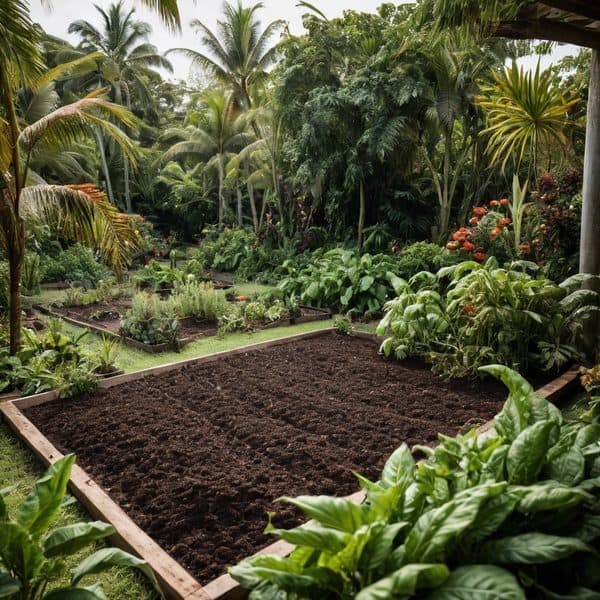 Tropical garden featuring vibrant green plants, vegetables, and palm trees in a lush, tropical setti.