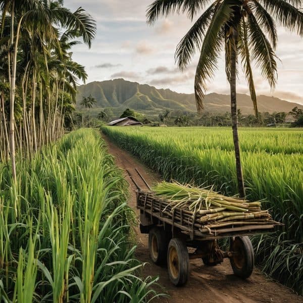 Fiji sugarcane farm with lush green fields and mountain backdrop.