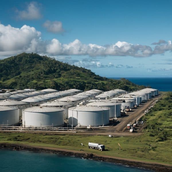 Oil storage tanks at Fiji port with lush green hills and ocean in the background.