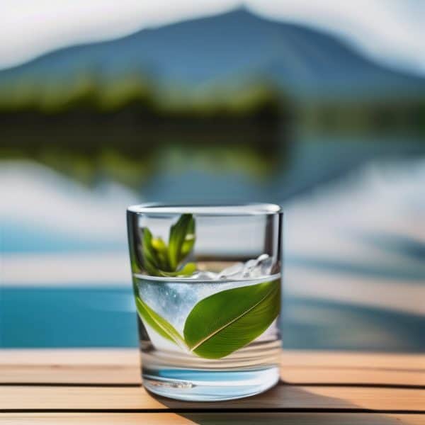 Herbal tea with fresh green leaves in a glass, perfect for health and relaxation.