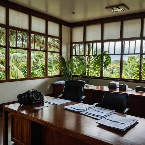 Office with tropical view and lush greenery outside windows.
