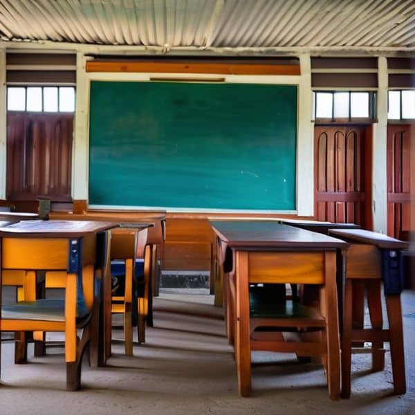 School classroom with wooden desks and green chalkboard for learning.