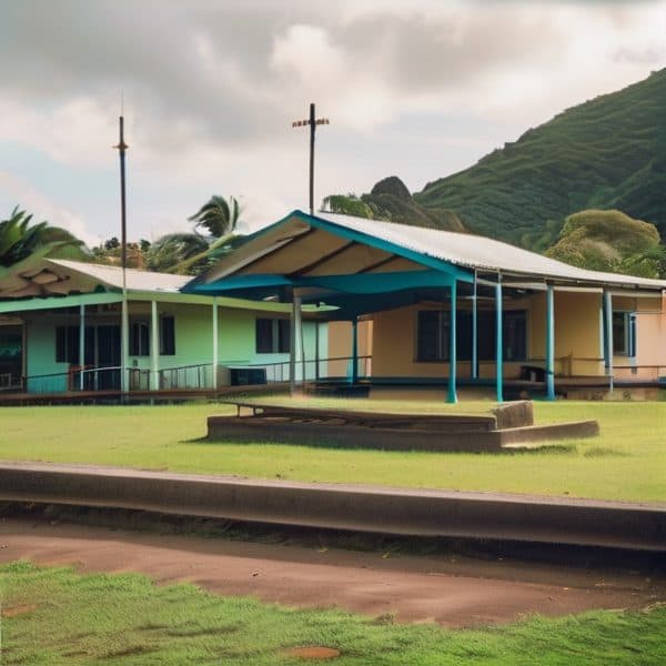 Colorful village school building in Fiji with lush green mountains in background.